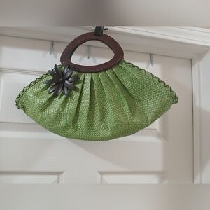 Green Woven Handbag with Wooden Handle
